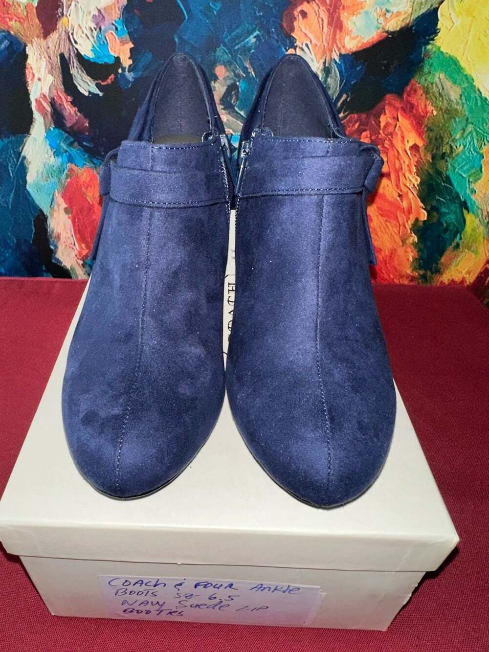 No.56 Coach And Four Ankle Boots Size 6.5 Navy Suede Zip Booties
